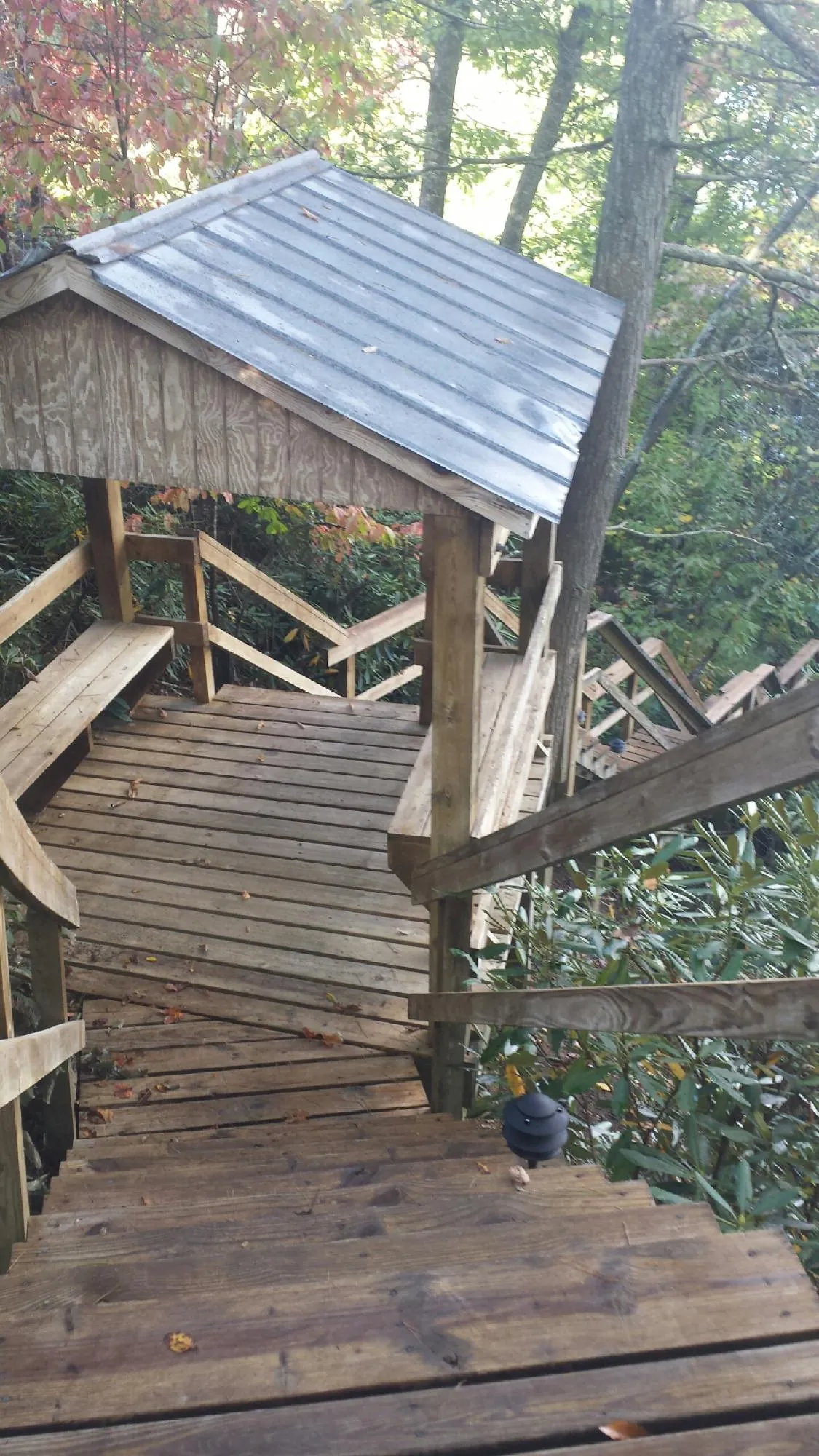 Metal roofed shelter over wooden steps on a wooded walkway — Skylight Repair & Installation work by our crew in Truxton